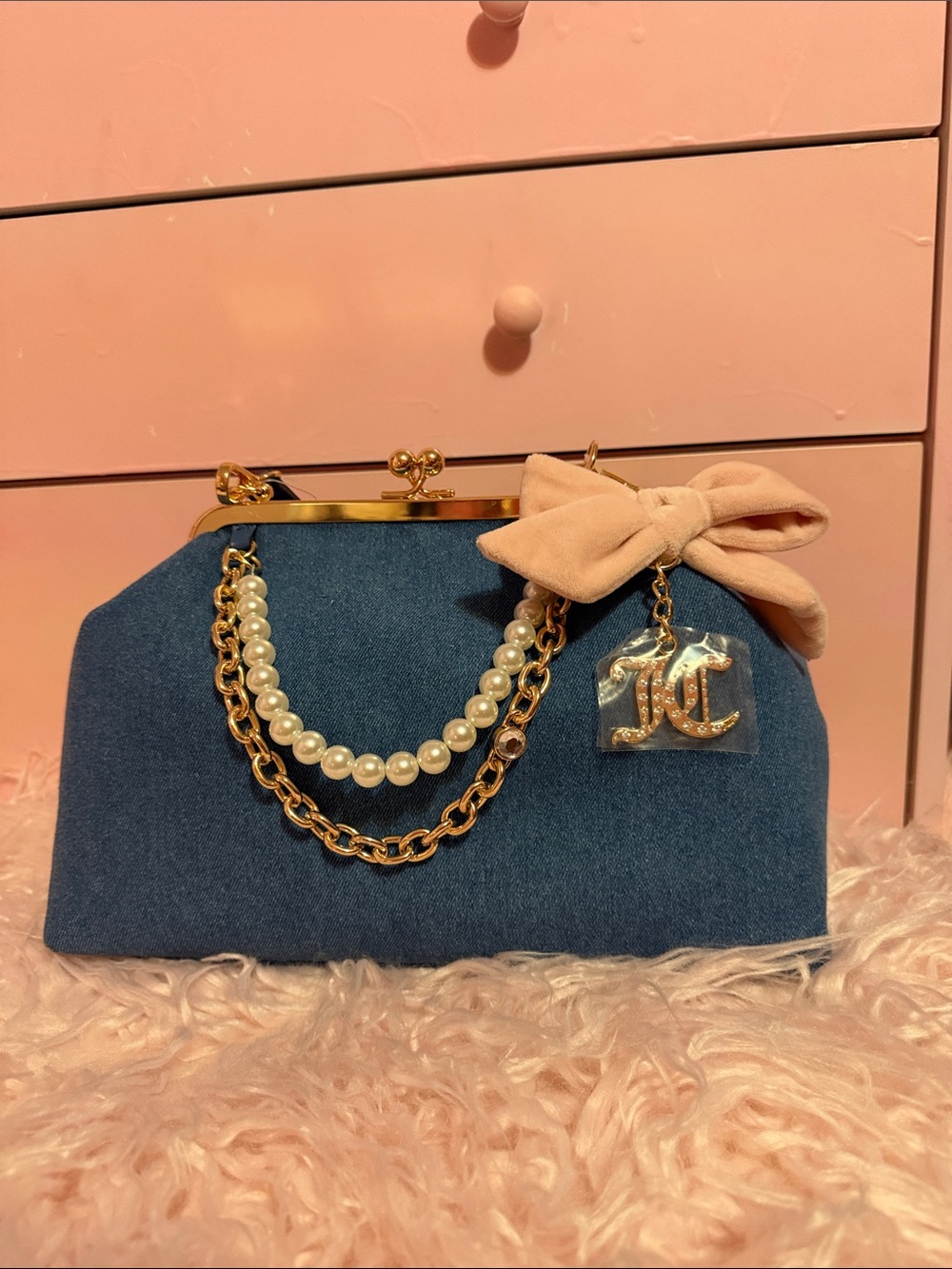 Juicy Couture Blue Denim Frame Clutch with Pink Bow and Gold Chain